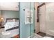 Modern bathroom featuring an updated shower stall, glass doors, and neutral-colored tile and fixtures at 639 Blackstone Dr., Myrtle Beach, SC 29588