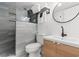Modern bathroom featuring a glass enclosed shower and black hardware at 1500 Cenith Dr. # C-103, North Myrtle Beach, SC 29582