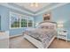Bright bedroom with large windows, a queen-size bed, and stylish, cool blue décor at 5825 Catalina Dr. # 531, North Myrtle Beach, SC 29582