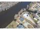 Waterfront property aerial view, showcasing the house layout, landscaping and dock at 5865 Creekside Dr., Myrtle Beach, SC 29588