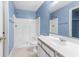 This bathroom features modern fixtures and a shower-tub combination, designed with a light blue at 1282 River Oaks Dr. # 9F, Myrtle Beach, SC 29579