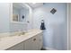Charming bathroom featuring a white vanity, decorative mirror, and blue walls for a spa-like feel at 4405 Eastport Blvd. # D-8, Little River, SC 29566