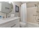 Bathroom featuring updated vanity, sink, and shower-tub combination at 105 S Ocean Blvd. # 108, North Myrtle Beach, SC 29582