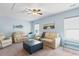 Living room with light blue walls, decor, light-colored couches, ottoman, carpeted floor, and ceiling fan at 556 Cedar Lakes Dr., Little River, SC 29566