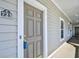 Condo entrance with gray front door, white trim, and unit number plaque at 5801 Oyster Catcher Dr. # 723, North Myrtle Beach, SC 29582