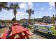 Colorful picnic tables are shaded by mature palms and offer an outdoor dining space at 300 N Ocean Blvd. # 324, North Myrtle Beach, SC 29582