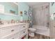 Cozy bathroom featuring a vanity with a sink, a framed mirror, and a shower-tub combo at 1581 S Waccamaw Dr. # 402, Garden City Beach, SC 29576