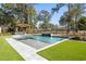 Beautiful in-ground pool with spa, modern patio, and lush green turf at 208 Green Lake Dr., Myrtle Beach, SC 29572