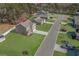 An aerial view of a home in a neighborhood featuring well-maintained lawns and proximity to wooded areas at 55 Porch Ln., Pawleys Island, SC 29585