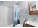 Bright bathroom featuring a shower and tub, white toilet, and vanity with framed mirror at 6001 - 8008 S Kings Hwy., Myrtle Beach, SC 29575