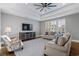 Well-lit living room with hardwood floors, tray ceilings, and plantation shutters at 2323 Tidewatch Way, North Myrtle Beach, SC 29582