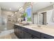 Modern bathroom featuring a glass-enclosed shower, dark cabinets, and neutral tile at 4043 Bucolic Loop, Myrtle Beach, SC 29588