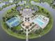 Overhead view of a community amenity center, showcasing a pool, tennis courts, clubhouse, and pond at 5220 Mount Pleasant Dr., Myrtle Beach, SC 29579