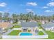 Overhead view of a fenced backyard with a pool, patio furniture, and landscaping at 110 Echaw Dr., Conway, SC 29526