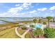 Aerial view showcasing pool, dock, and beautiful marsh views from this waterfront community at 1582 S Waccamaw Dr. # 44, Murrells Inlet, SC 29576