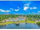 An aerial view of a community pool and lakefront area with a wooden pier and gorgeous clubhouse at 2526 Great Scott Dr., Myrtle Beach, SC 29579