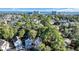 Overhead view of a charming residential area featuring mature trees, well-maintained homes, and a glimpse of the ocean at 670 2Nd Ave. N, North Myrtle Beach, SC 29582