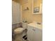 Cozy bathroom featuring a toilet, sink with cabinet, mirror, and polka dot shower curtain at 9903 Conifer Ln., Murrells Inlet, SC 29576