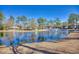 Scenic pond view showcasing community homes and a fountain, set against a clear blue sky, enhancing the serene atmosphere at 1221 Tidewater Dr. # 1721, North Myrtle Beach, SC 29582