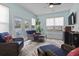 Bright sunroom with wicker furniture, tropical accents, and access to the outdoor patio at 14 Cobblestone Dr., Pawleys Island, SC 29585