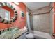Modern bathroom with a glass vessel sink, granite vanity, and tiled shower at 1551 Victoria Ln., Myrtle Beach, SC 29577