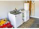 Well-equipped laundry area with modern washer and dryer, complemented by organized storage shelves and a decorative rug at 217 Sienna Dr., Little River, SC 29566