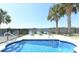 Private backyard pool surrounded by lush tropical palm trees and lounge chairs for relaxation at 225-B Dogwood Dr. N, Murrells Inlet, SC 29576