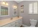 Cozy bathroom featuring a white vanity, decorative wall art, and plenty of light at 510 21St Ave. N, North Myrtle Beach, SC 29582