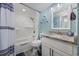 Clean bathroom featuring a shower-tub combination, granite countertop, and neutral color scheme at 5523 N Ocean Blvd. # 1101, Myrtle Beach, SC 29577