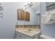 Inviting bathroom boasts a white vanity, decorative mirror, and stylish blue walls at 5905 S Kings Highway # 416-A, Myrtle Beach, SC 29575