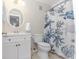 A cozy bathroom with a turtle-themed shower curtain and a vanity with a white cabinet at 5905 S Kings Hwy. # 216B, Myrtle Beach, SC 29577