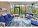Screened patio features outdoor furniture, a blue rug and a wooded backyard view at 6013 Tramonto St., Myrtle Beach, SC 29577