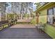 Back deck with benches and chairs in a backyard surrounded by trees and partial fencing at 11 Ryan Ln., Myrtle Beach, SC 29579