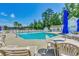 Community pool with many chairs and umbrellas surrounded by tall trees at 196 Rose Water Loop, Myrtle Beach, SC 29588