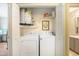 Functional laundry area with washer, dryer, and shelving for storage at 6006 Quinn Rd., Myrtle Beach, SC 29579