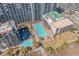 An aerial view of resort buildings, pool and other outdoor amenities at 7200 N Ocean Blvd. # 662, Myrtle Beach, SC 29572