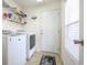 Functional laundry room with modern washer and dryer, shelving, and convenient access to outside at 793 Drawbridge Dr., Conway, SC 29526