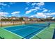 Bright blue and green tennis courts with a black metal fence in a residential neighborhood at 909 Witherbee Way, Little River, SC 29566