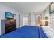 Bedroom featuring blue bedding, a TV, and ensuite bathroom at 107 S Ocean Blvd. # 1706, Myrtle Beach, SC 29577