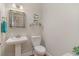 Bathroom featuring a pedestal sink, toilet, mirror, and decorative wall art at 921 Heshbon Dr., North Myrtle Beach, SC 29582