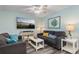 Comfortable living room with two couches, beach decor, and a flat screen television at 9661 Shore Dr. # A-21, Myrtle Beach, SC 29572
