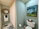 Bathroom with toilet, shower with curtain, and a decorative mirror and painting at 213 S Farr Ave., Andrews, SC 29510