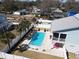 Aerial view of backyard with a rectangular pool, patio, and white fence creating a private retreat at 417 Seabreeze Dr., Garden City Beach, SC 29576