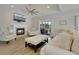 Cozy living room with a fireplace, TV, a ceiling fan, plush seating, and access to the outdoor area at 417 Seabreeze Dr., Garden City Beach, SC 29576