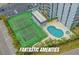 Aerial view of amenities including the pool and tennis courts near the parking area at 601 Mitchell Dr. # 203, Myrtle Beach, SC 29577