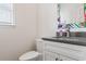 Modern half bathroom features a sleek gray countertop and stylish floral mirror at 6095 Catalina Dr. # 1314, North Myrtle Beach, SC 29582