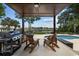 This backyard boasts a covered patio with outdoor chairs, grill and views of the pool and waterfront at 9785 Anchor Dr., Longs, SC 29568
