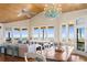 Elegant dining area with ocean views, a decorative chandelier, and seamless flow into the living space at 1257 Ocean Blvd., Holden Beach, NC 28462