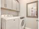 Modern laundry room with gray cabinets, sleek countertops, and stainless steel washer and dryer at 1439 Castleberry Pl., Myrtle Beach, SC 29588