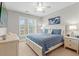 Bedroom with white furniture, blue accents, ceiling fan, and plantation shutters at 2180 Waterview Dr. # 713, North Myrtle Beach, SC 29582